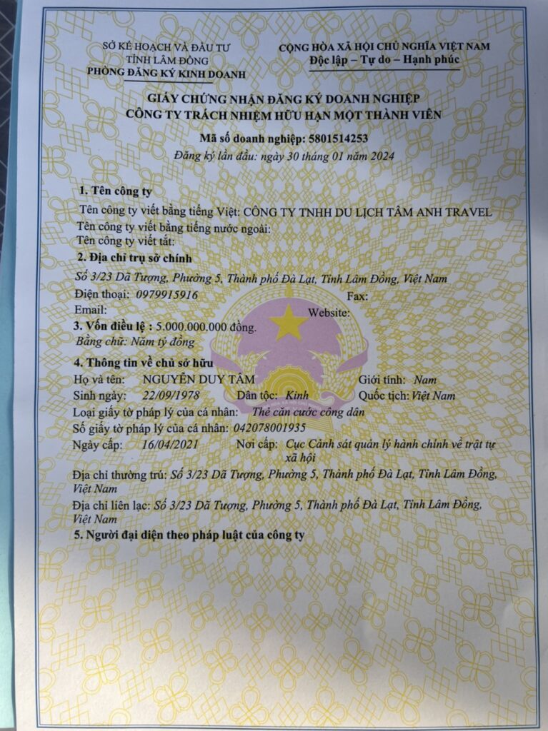 Giấy phép đăng ký kinh doanh Tâm Anh Travel