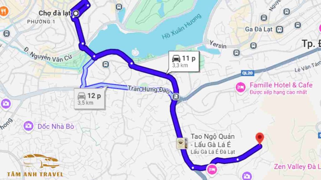 Bản đồ hướng dẫn đi từ chợ Đà Lạt đến quán Cafe Khu vườn mùa hè