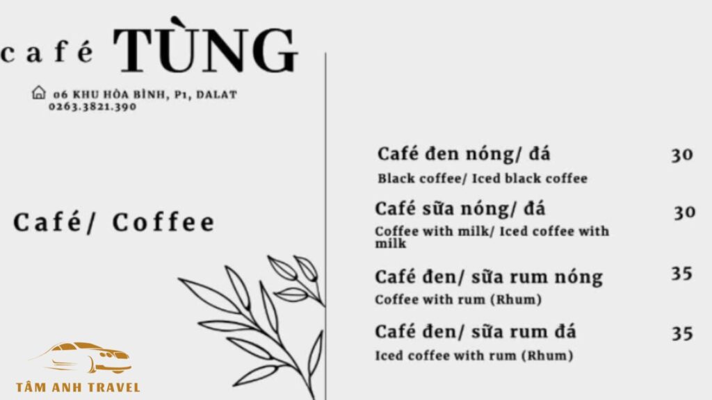 Menu đồ uống của quán Cafe Tùng