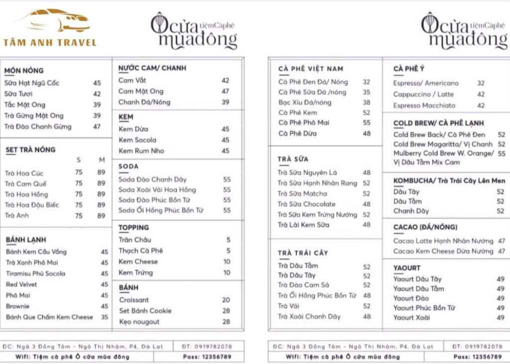 Menu Tiệm Cà Phê Ô Cửa Mùa Đông